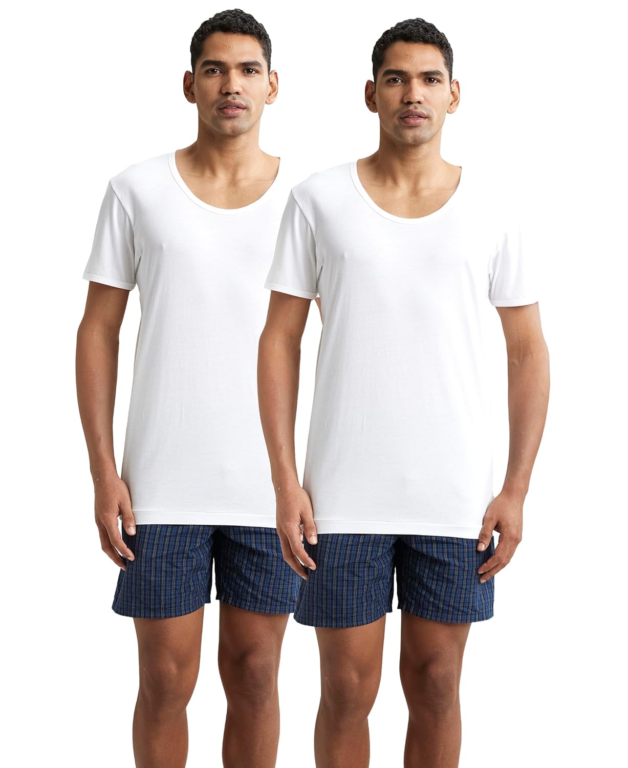 Two models wearing Jockey men's white half sleeve cotton vests