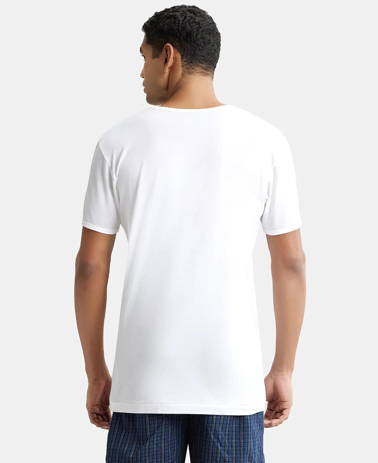 Back view of a Jockey men's white half sleeve cotton vest