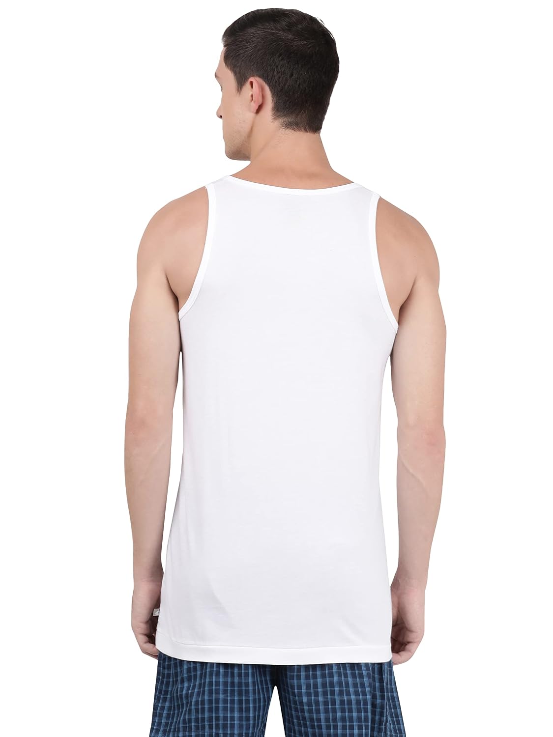 Back view of a Jockey men's white sleeveless cotton vest