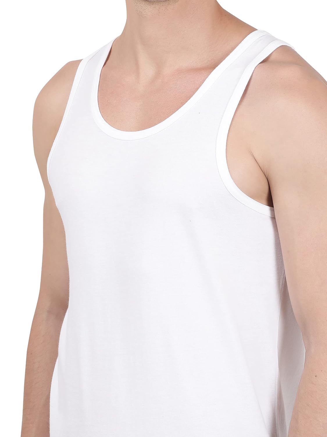 Close-up of the shoulder straps and neckline on a Jockey white sleeveless vest
