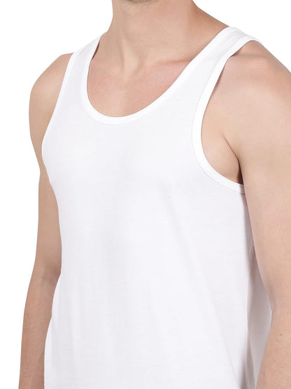 Close-up of the shoulder straps and neckline on a Jockey white sleeveless vest