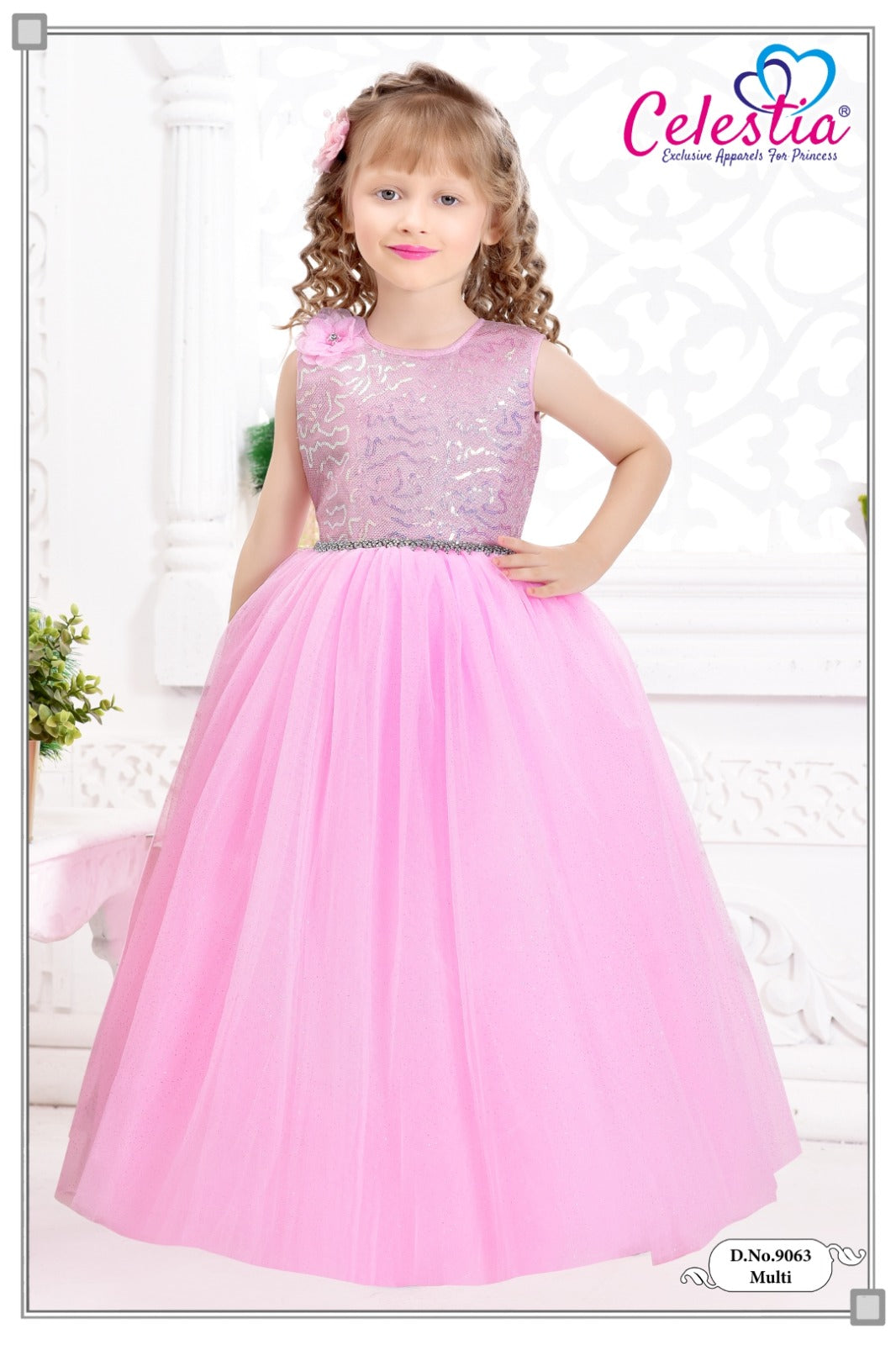 Celestia Girls Pink Shimmer Beaded Waist Gown in Pink