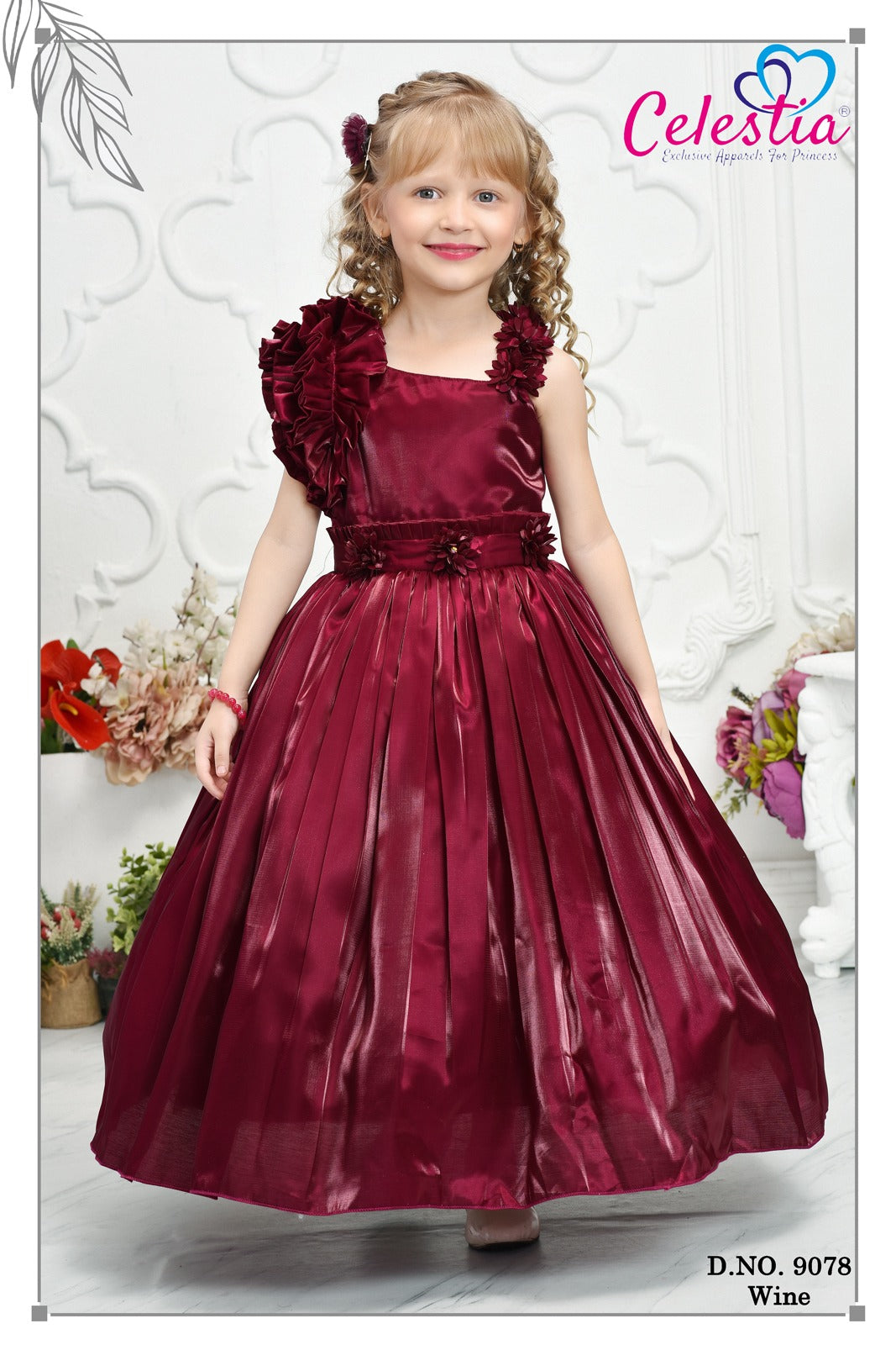 Celestia Girls Wine Ruffle Shoulder Long Gown in Wine
