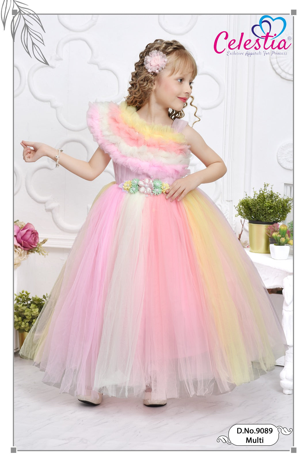 Celestia Girls Pastel Ruffle Rainbow Long Gown in Multi