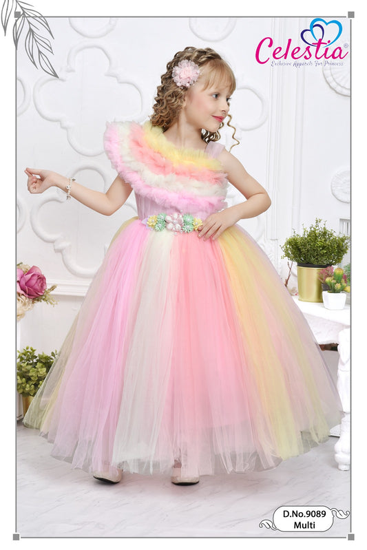 Celestia Girls Pastel Ruffle Rainbow Long Gown in Multi