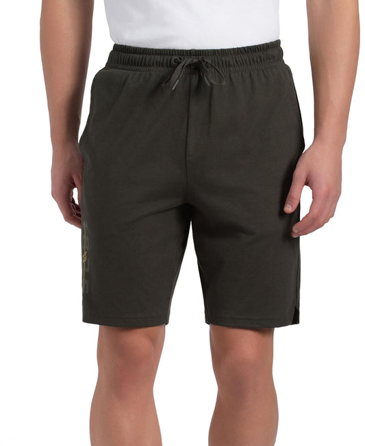 Jockey men's olive straight fit cotton shorts with drawstring waist, front view