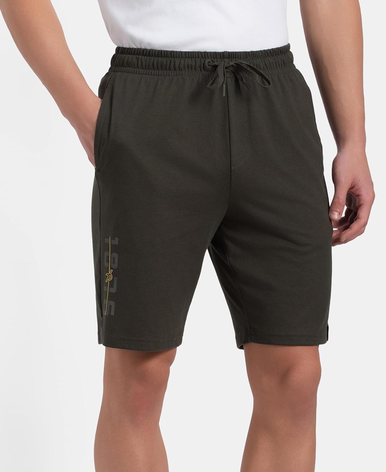 Jockey olive cotton shorts shown from a three-quarter angle on a model