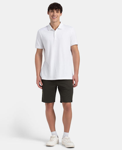 Full-length view of a model in a white t-shirt and Jockey olive cotton shorts