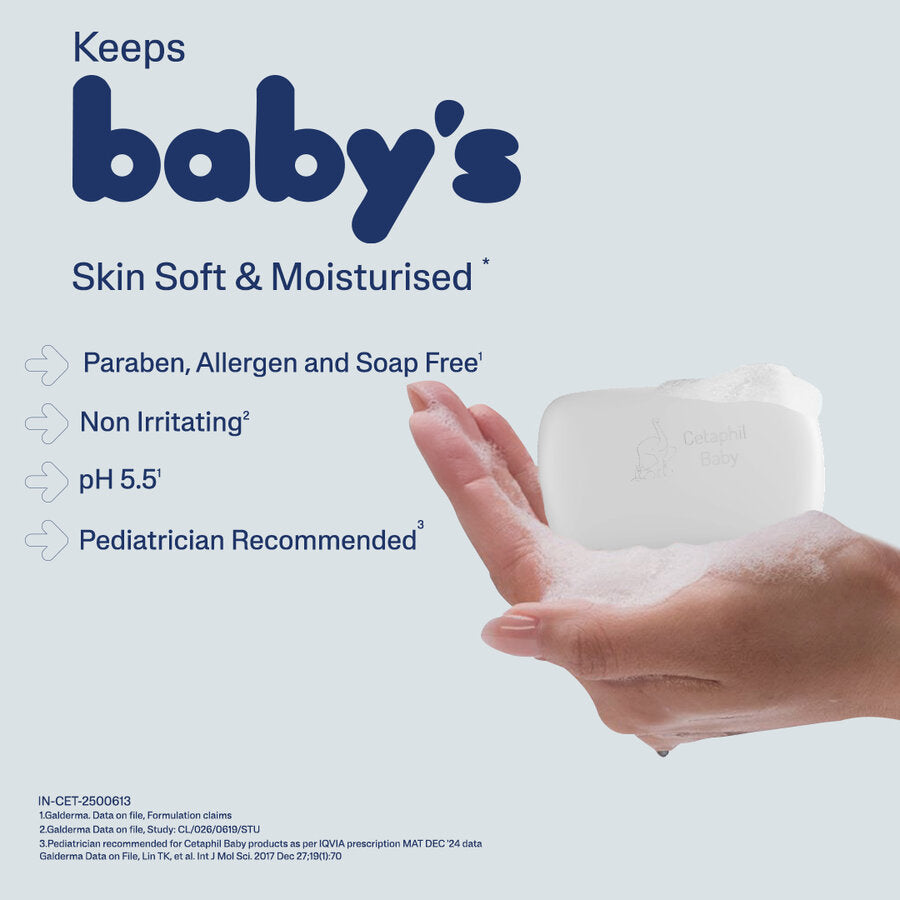 Cetaphil Baby mild bar keeps skin soft and moisturised, paraben free and pH 5.5