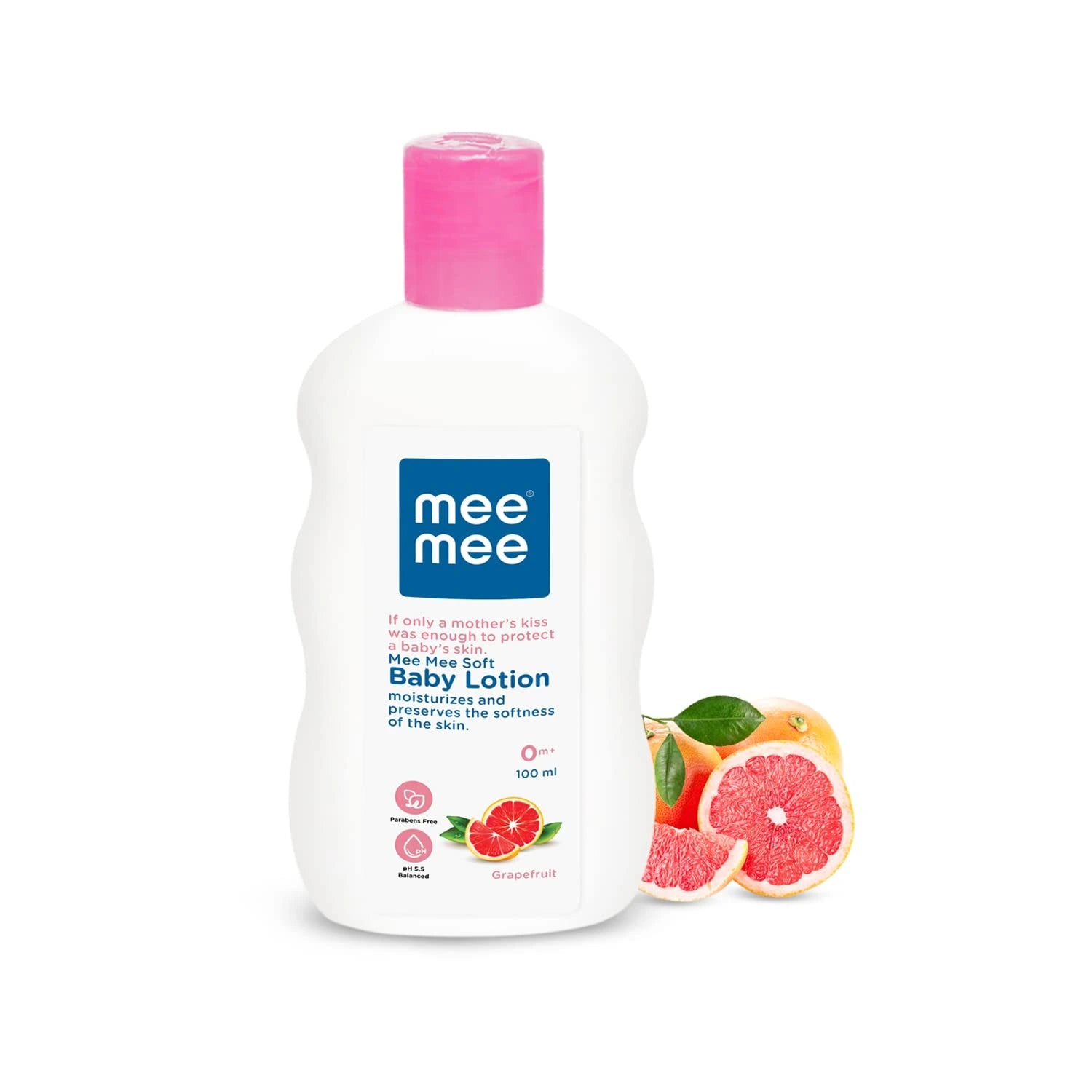 Mee Mee soft baby lotion 100 ml bottle with pink cap, shown with fruit extracts