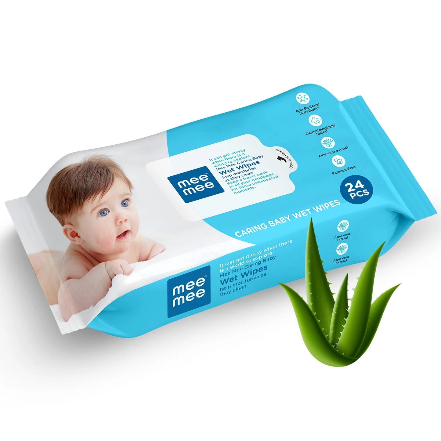 Mee Mee aloe vera baby wipes 24-piece pack with a baby on the label and an aloe vera leaf