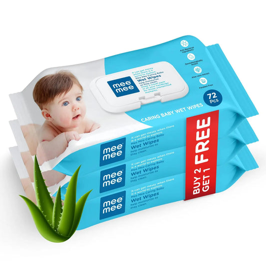 Mee Mee aloe vera baby wipes with lid, pack of 3 with a baby on the label and aloe leaves