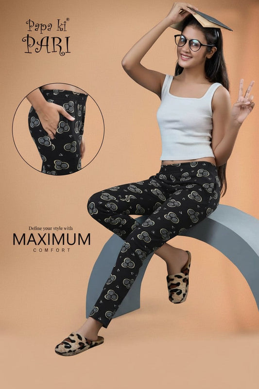 Papa ki Pari girls black floral motif print trackpant with side pockets