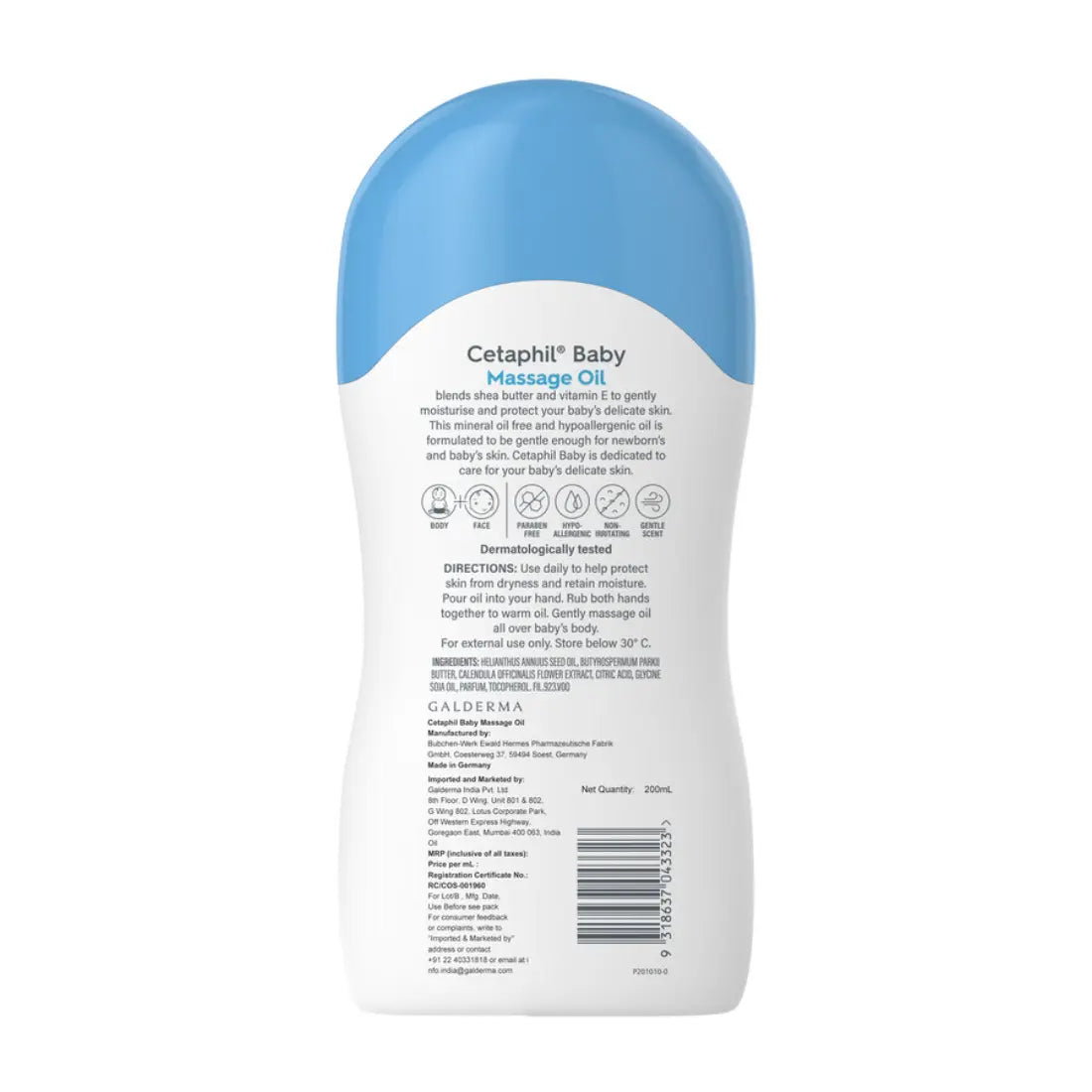 Back of the Cetaphil Baby massage oil bottle with ingredients and directions