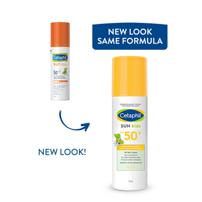 Cetaphil Sun Kids SPF 50 plus new look packaging with the same formula