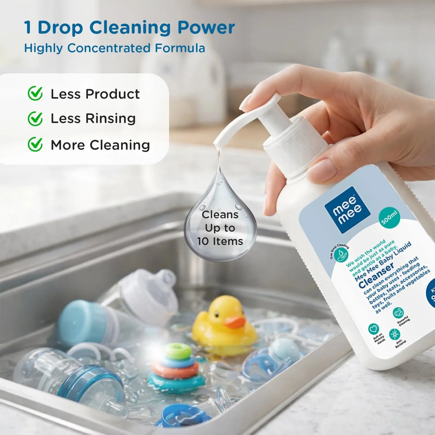 One drop of Mee Mee cleanser gives highly concentrated cleaning power