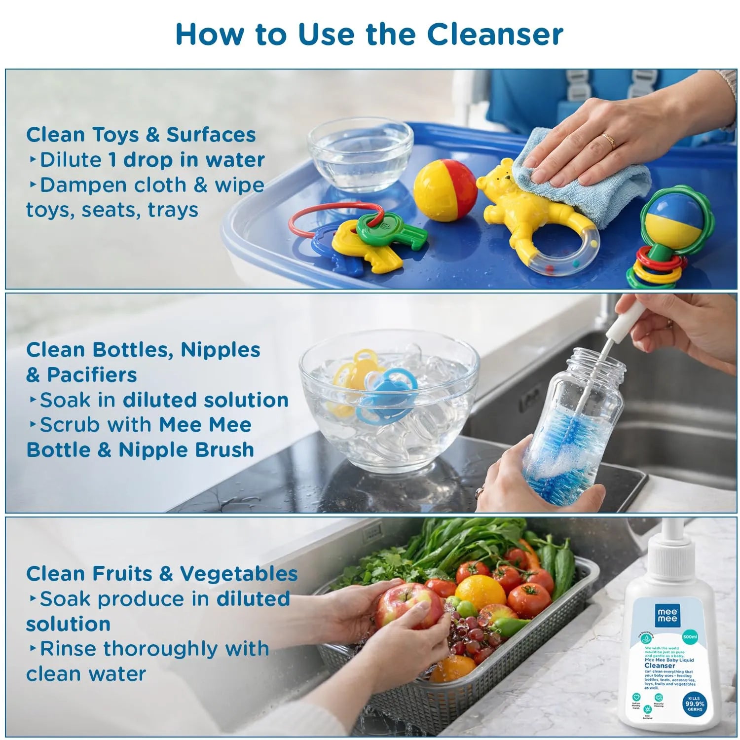 How to use Mee Mee cleanser on teats, bottles, high chairs and fruits and vegetables