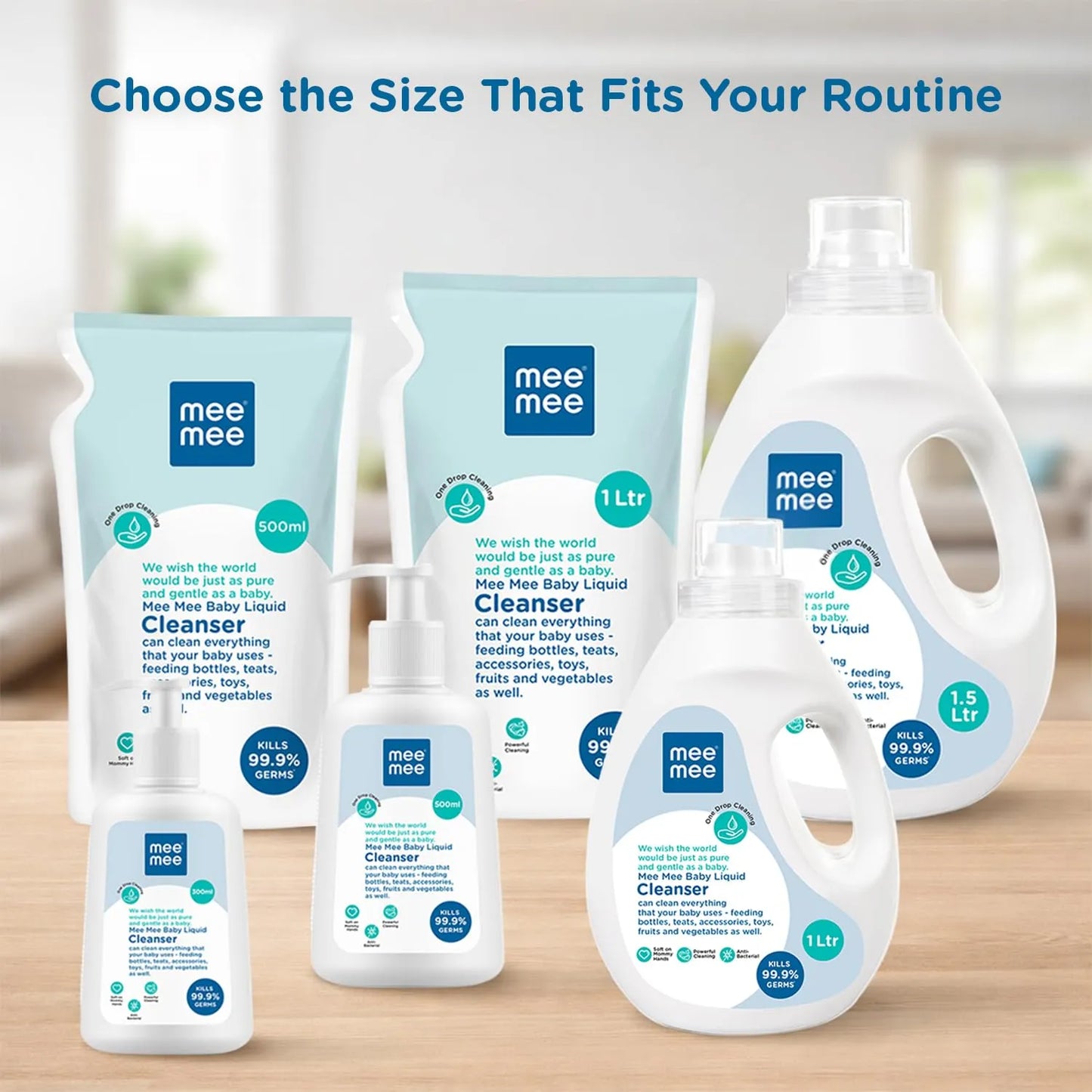 Mee Mee cleanser size range: 300 ml, 500 ml, 1 litre and 1.5 litre packs