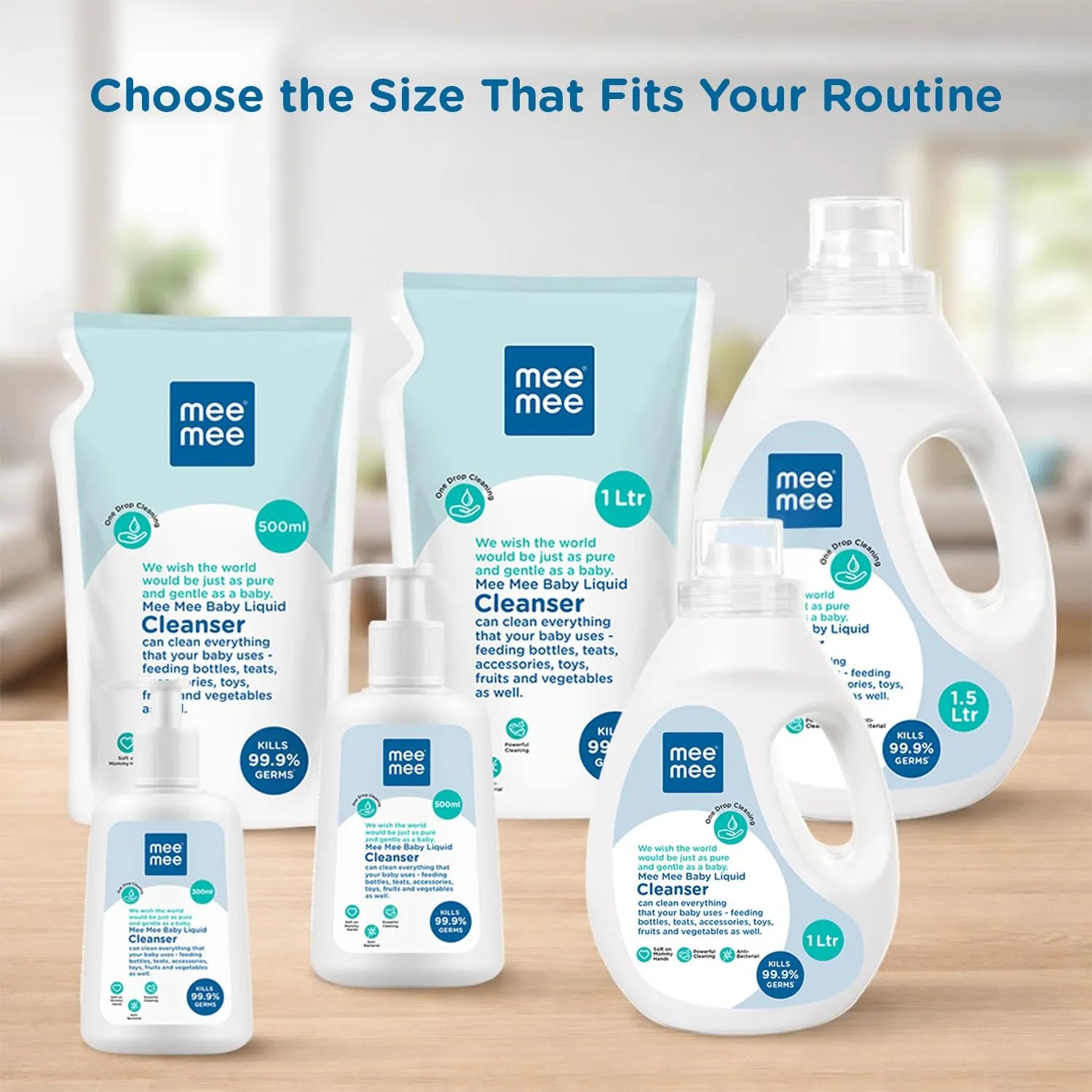 Mee Mee cleanser size range: 300 ml, 500 ml, 1 litre and 1.5 litre packs
