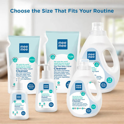 Mee Mee cleanser size range: 300 ml, 500 ml, 1 litre and 1.5 litre packs