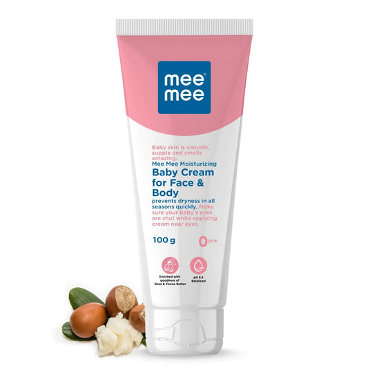 Mee Mee moisturising baby cream with shea butter, 100 g tube shown with shea nuts