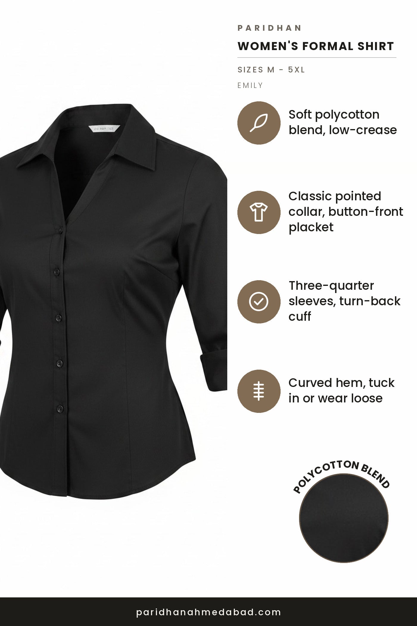 Emily women's formal shirt features - polycotton blend, pointed collar, three-quarter sleeves, curved hem