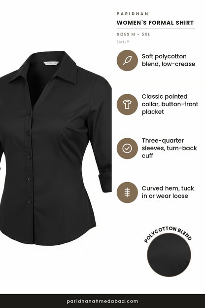 Emily women's formal shirt features - polycotton blend, pointed collar, three-quarter sleeves, curved hem