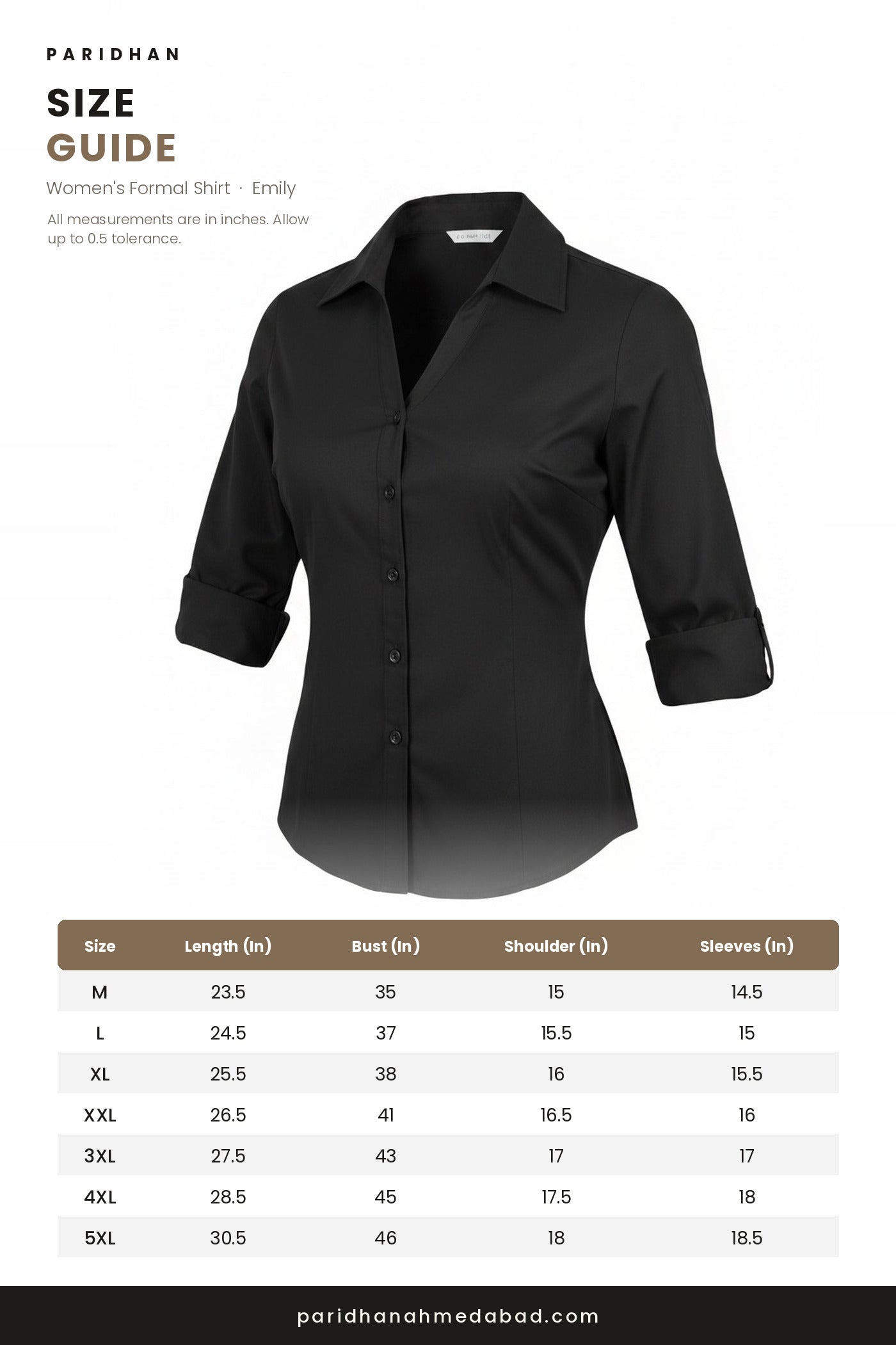 Emily women's formal shirt size guide - M to 5XL, measurements in inches