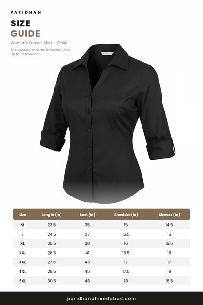Emily women's formal shirt size guide - M to 5XL, measurements in inches