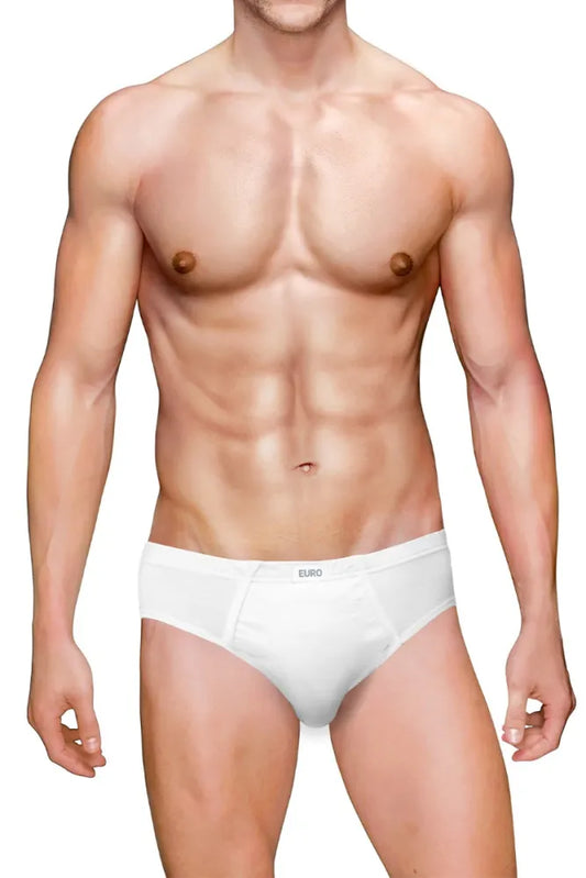 Rupa Euro men's white regular cotton brief worn by a model, front view