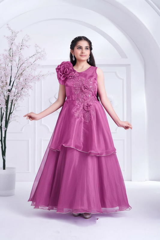 Girl in a purple rose tiered party gown by Bimbee