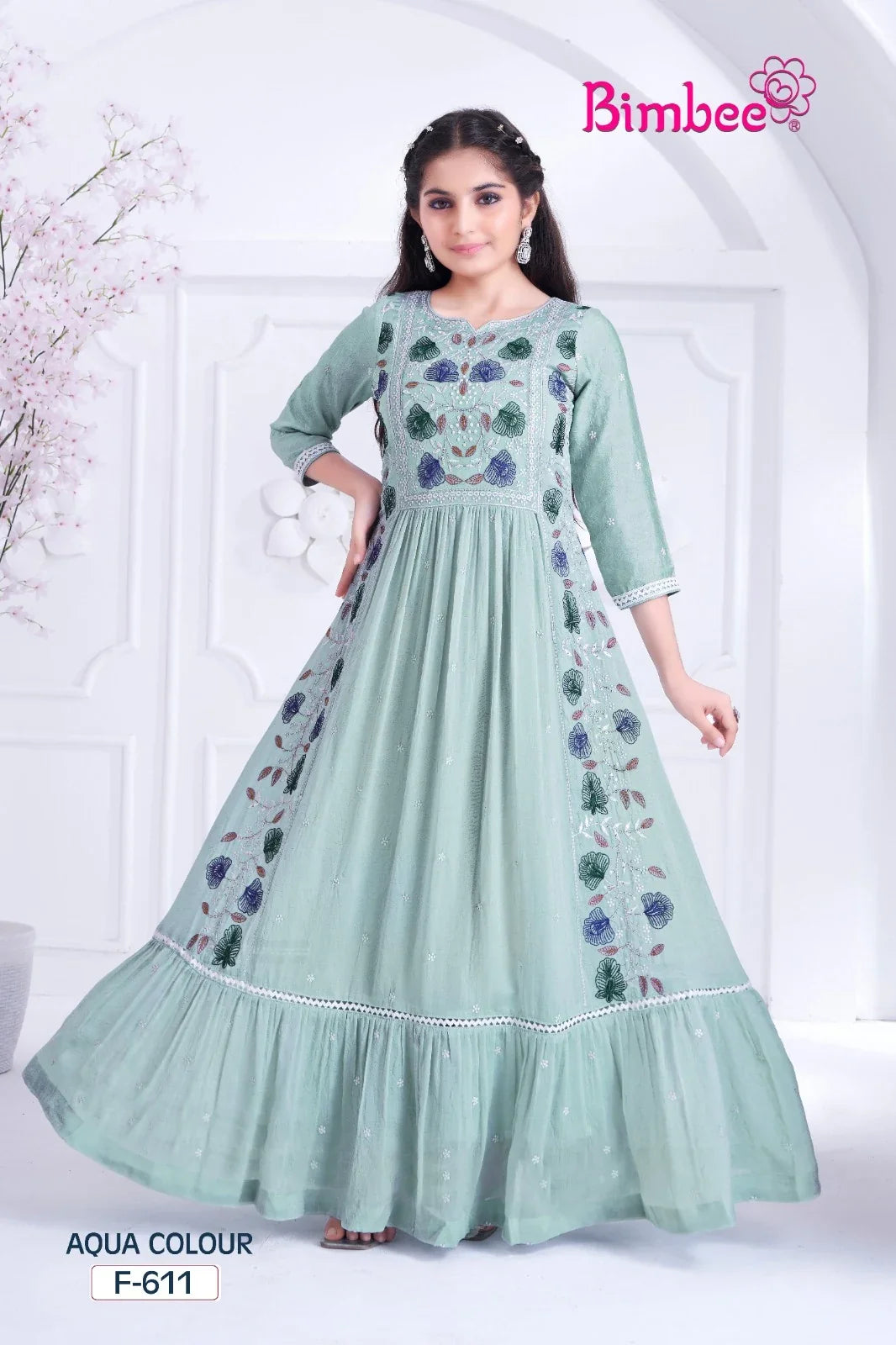 Bimbee girls aqua floral embroidered anarkali gown with ruffle hem