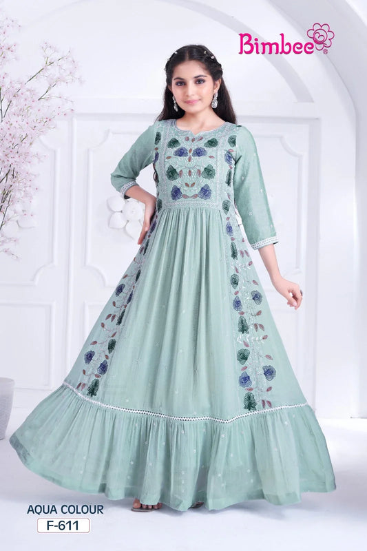 Bimbee girls aqua floral embroidered anarkali gown with ruffle hem