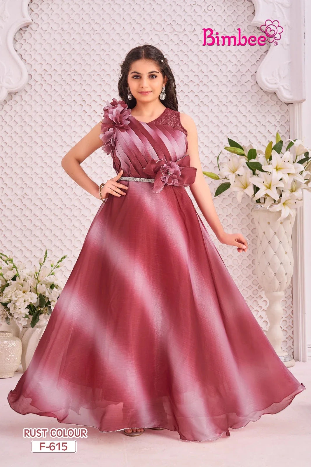 Bimbee girls rust ombre one-shoulder party gown with floral applique