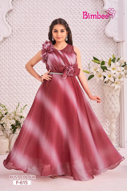 Bimbee girls rust ombre one-shoulder party gown with floral applique