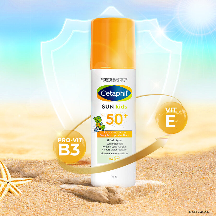 Cetaphil Sun Kids SPF 50 plus lotion with vitamin B3 and vitamin E on a beach