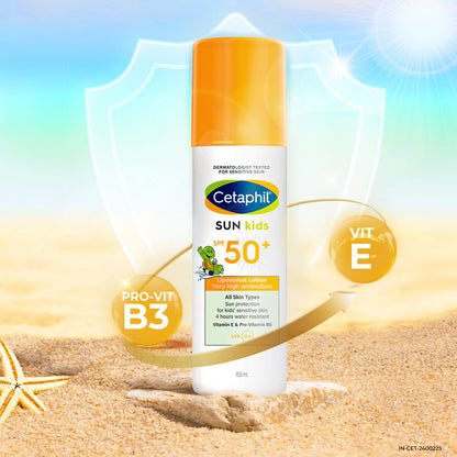 Cetaphil Sun Kids SPF 50 plus lotion with vitamin B3 and vitamin E on a beach
