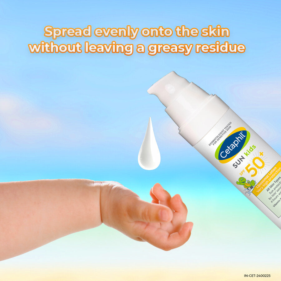 Cetaphil Sun Kids lotion applied to a child's hand, light non-greasy texture