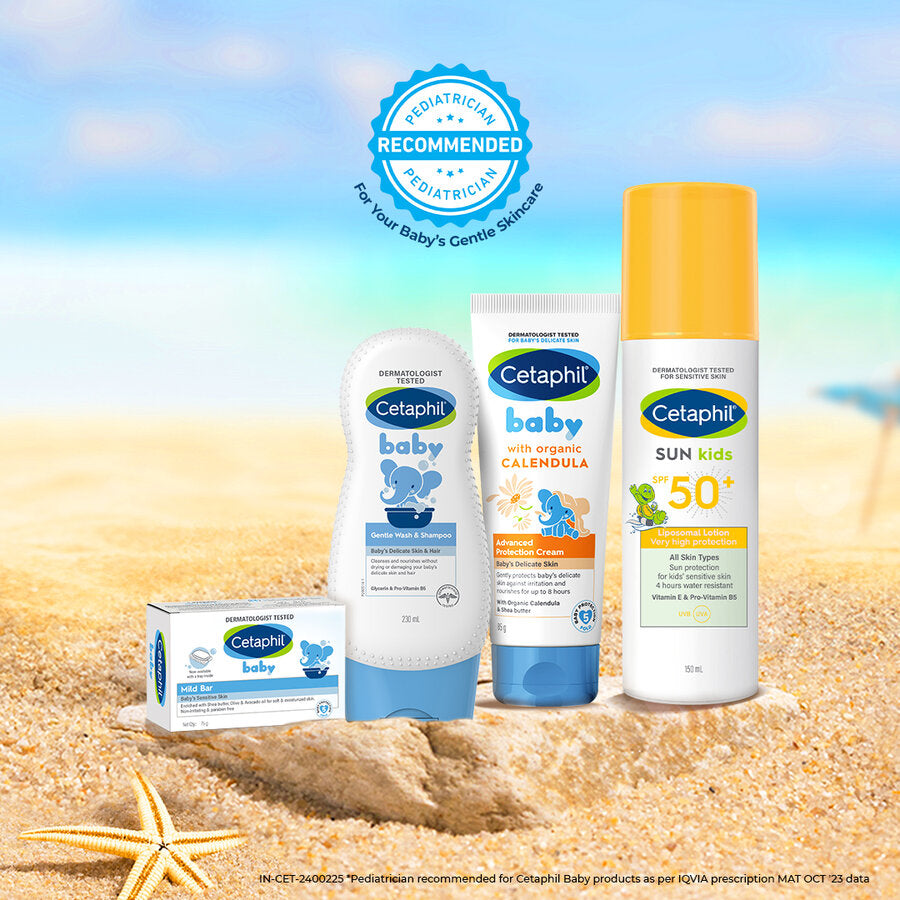 Cetaphil sun care range shown together on a beach background