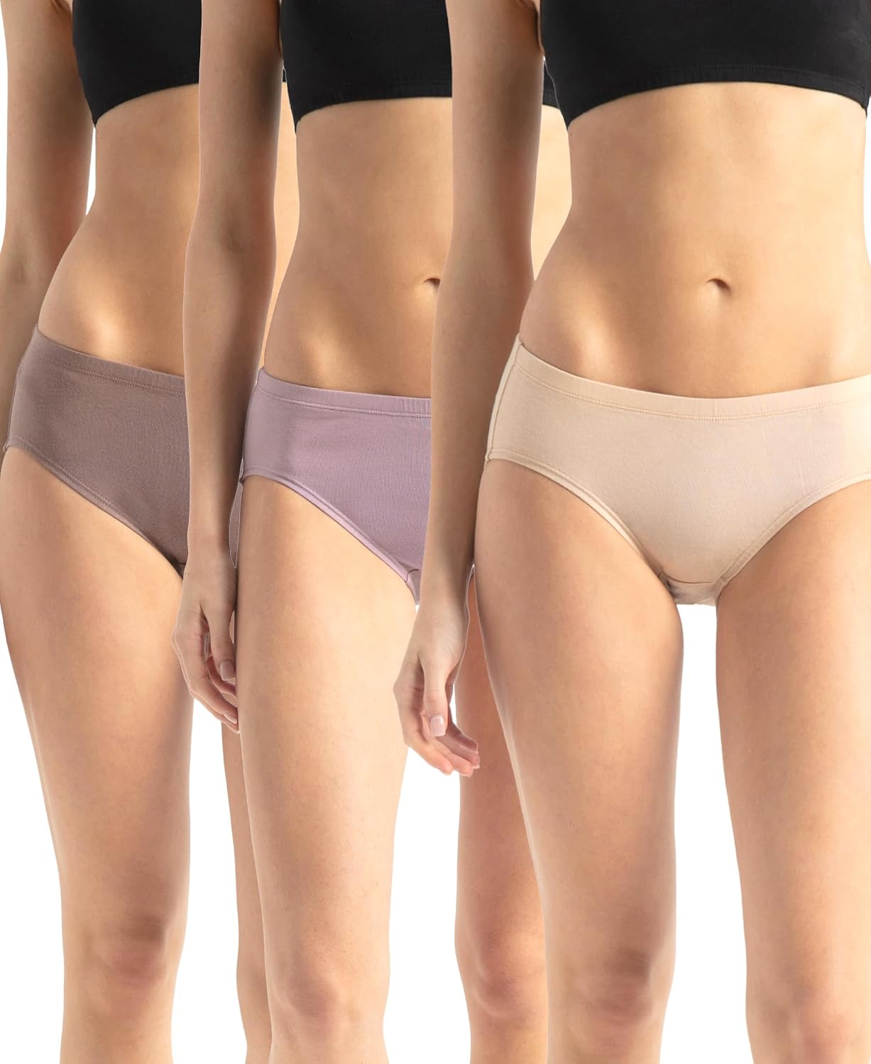 Three models wearing Jockey women's stretch hipster panties in mauve, grey and skin