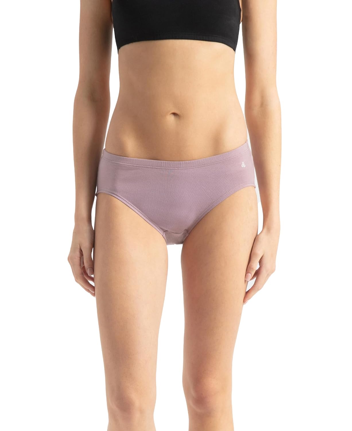 Jockey women's mauve stretch hipster panty, front view on model