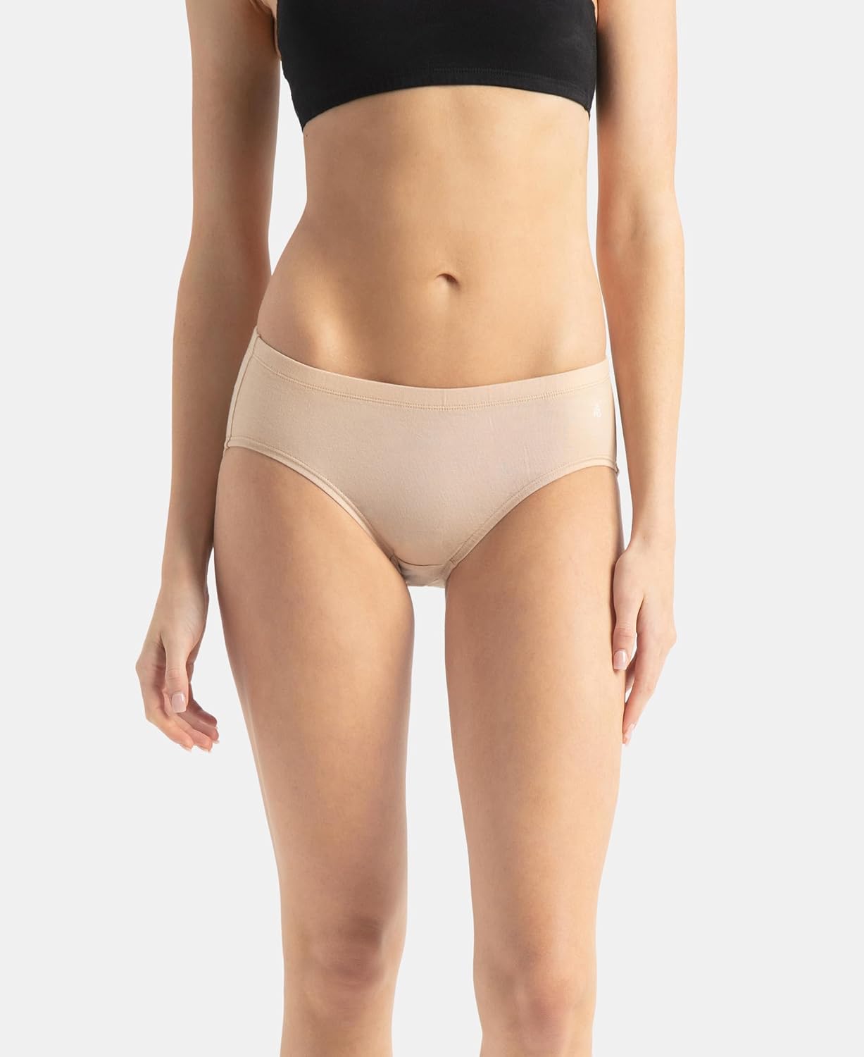 Jockey women's skin coloured stretch hipster panty, front view on model