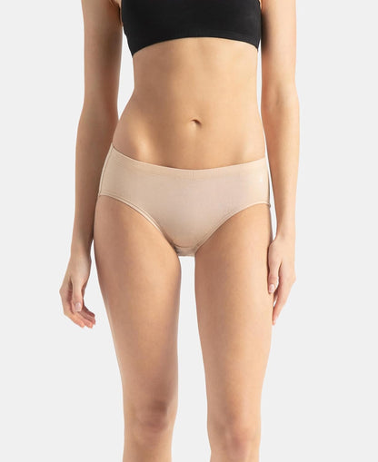 Jockey women's skin coloured stretch hipster panty, front view on model