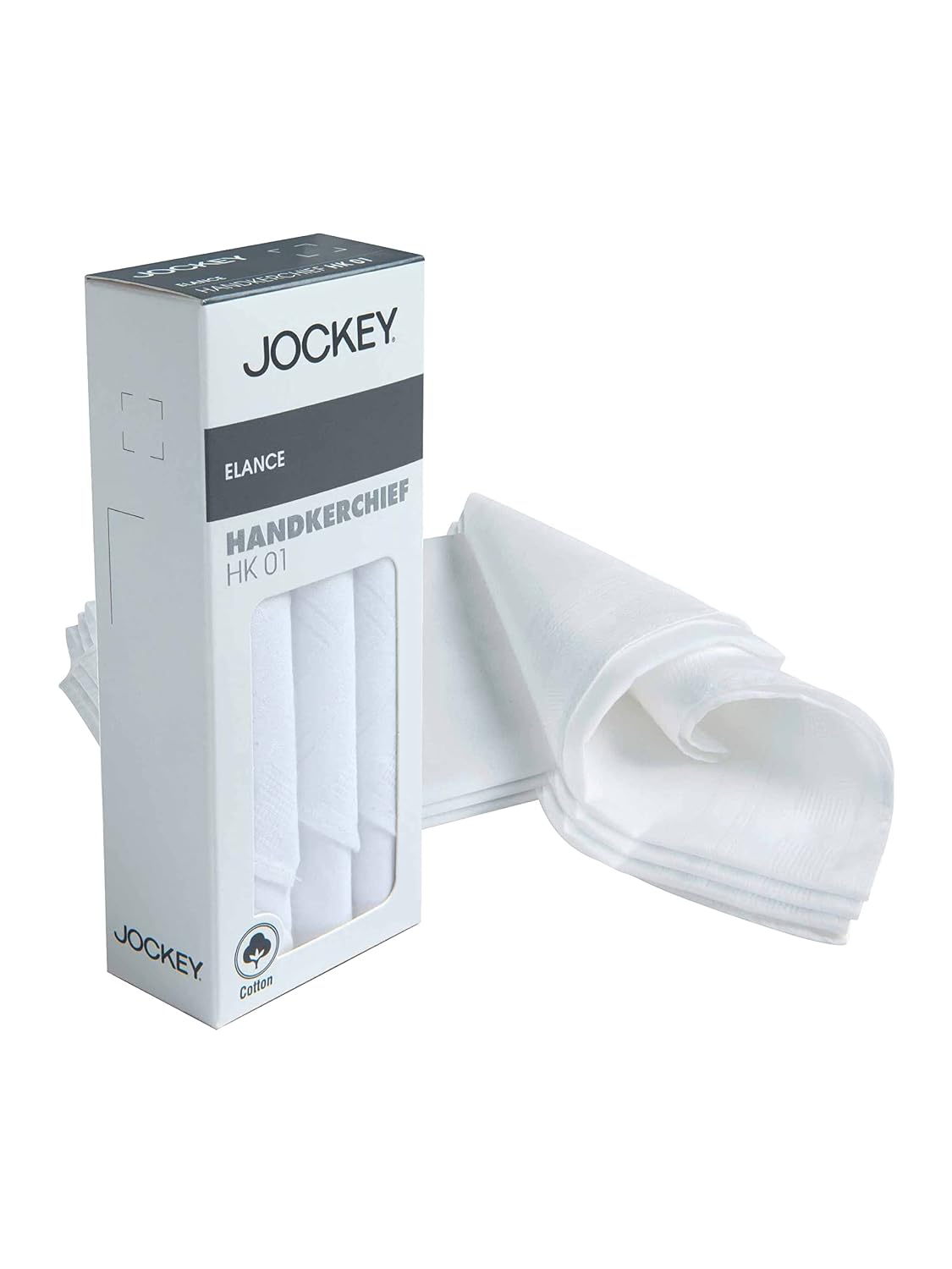 Jockey cotton handkerchief retail pack shown beside two folded white handkerchiefs