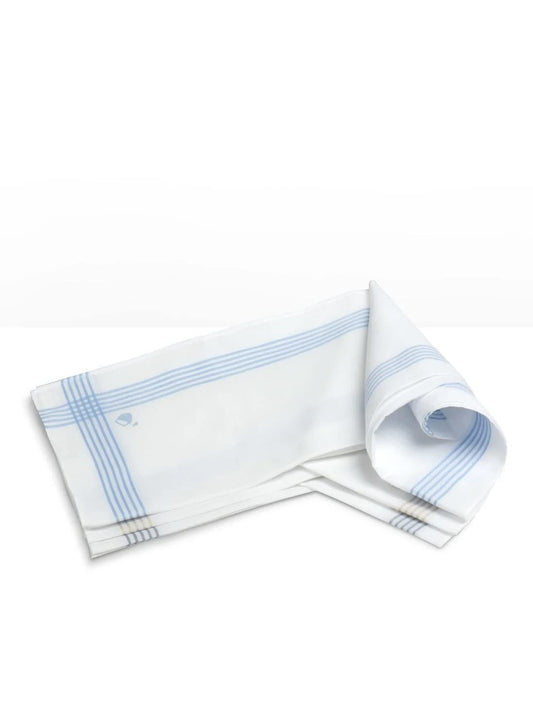 Jockey men's white cotton handkerchief folded to show its blue striped border