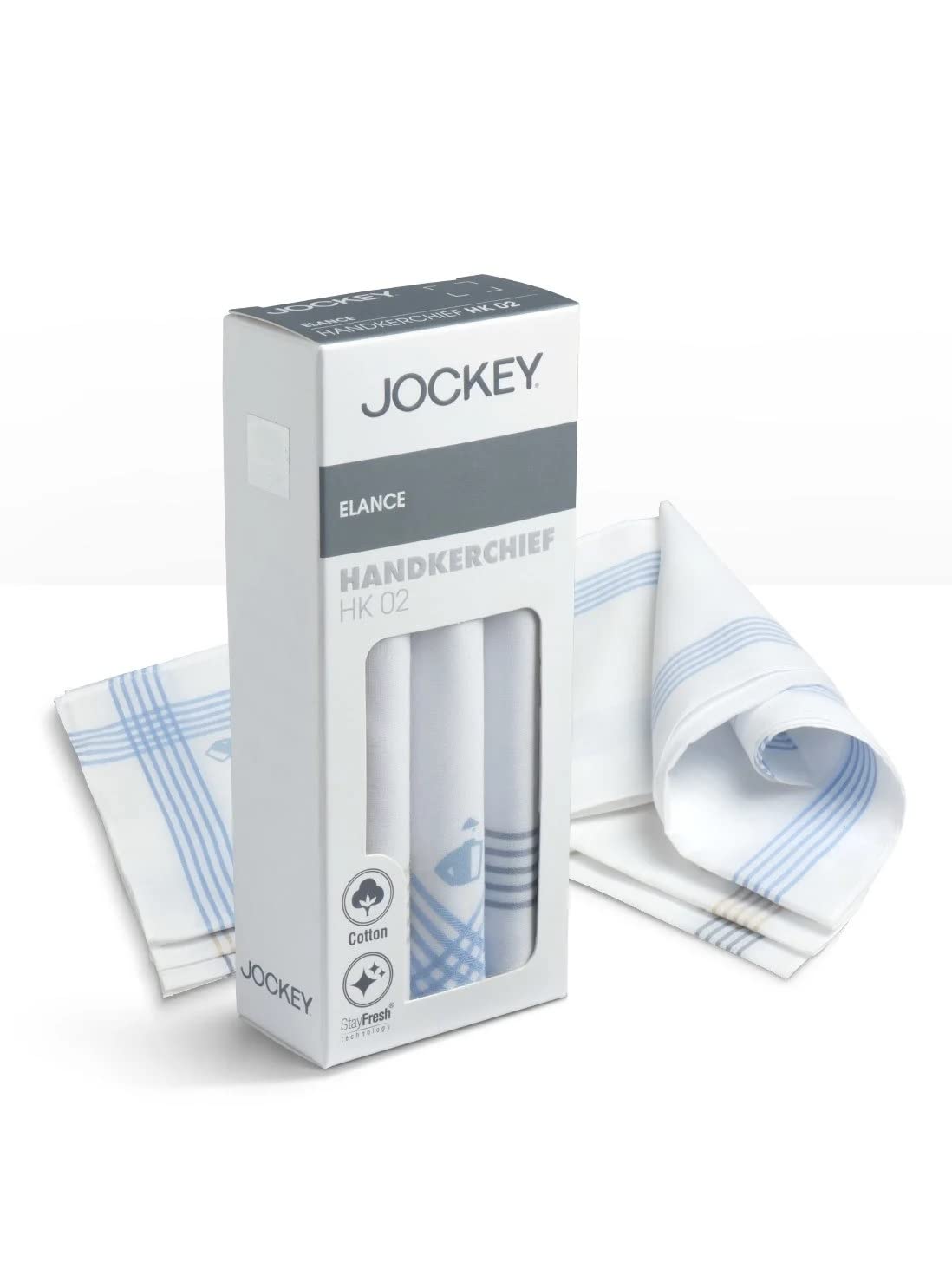 Jockey handkerchief carton displayed with folded white cotton handkerchiefs