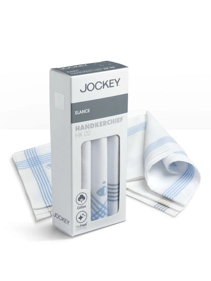 Jockey handkerchief carton displayed with folded white cotton handkerchiefs