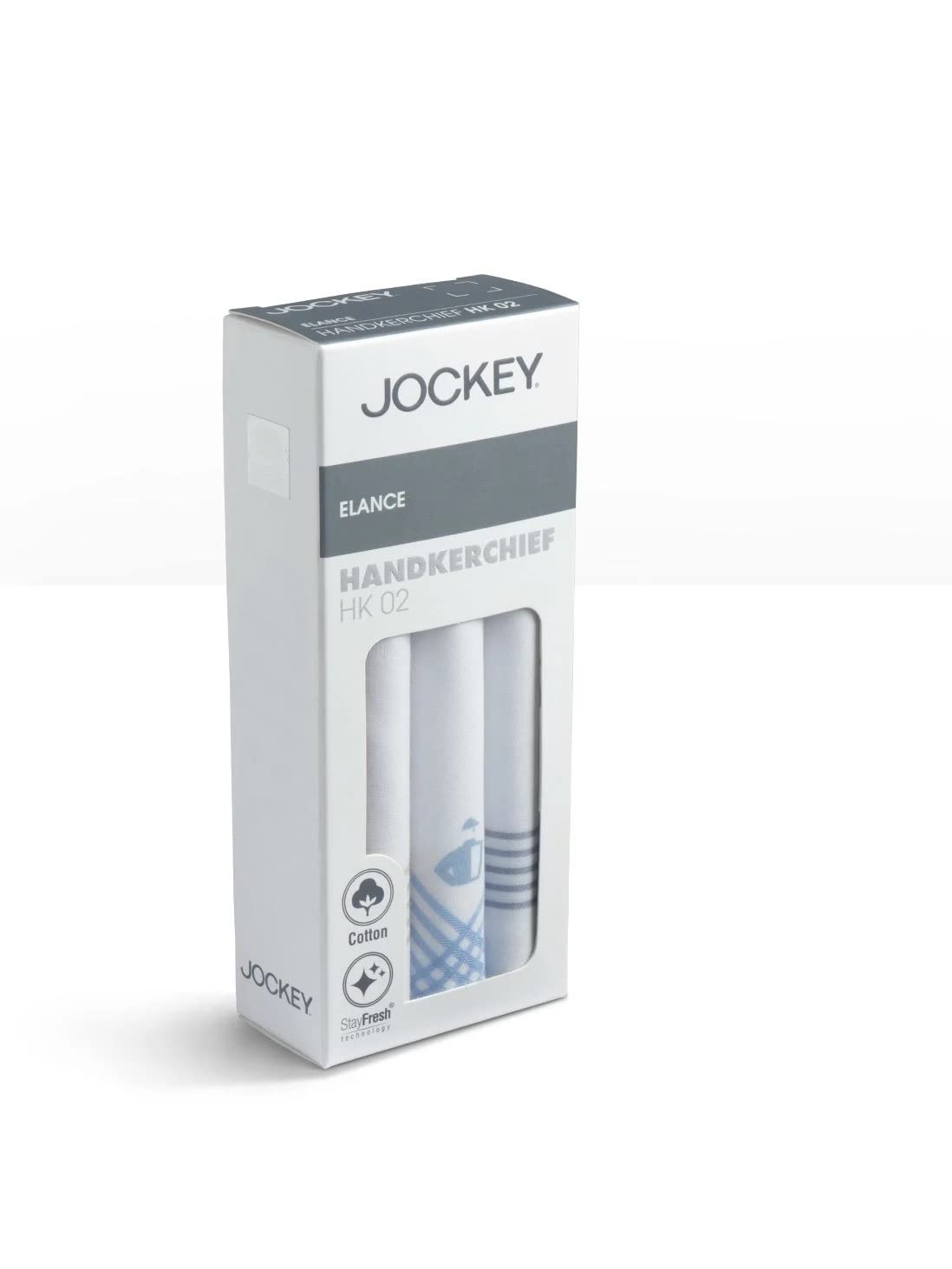 Front of the Jockey men's cotton handkerchief pack showing the handkerchiefs inside