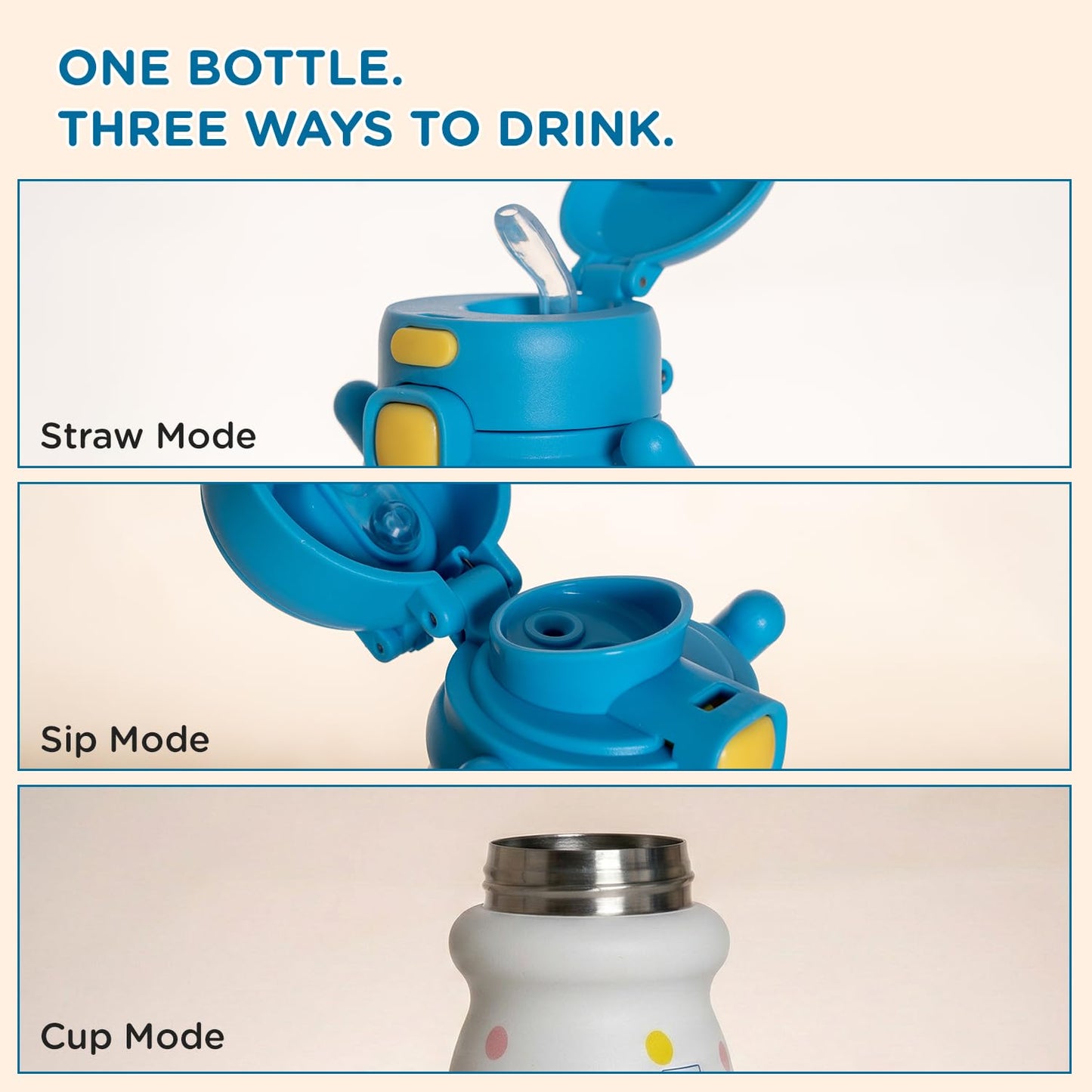 One Mee Mee Hydro Flow bottle with three ways to drink: straw, cup and sip mode