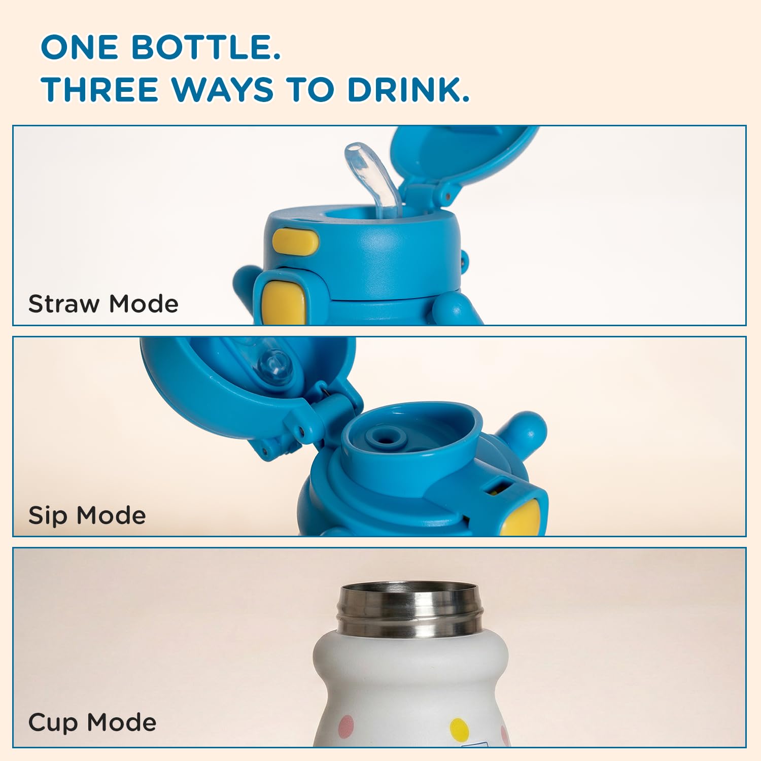 One Mee Mee Hydro Flow bottle with three ways to drink: straw, cup and sip mode